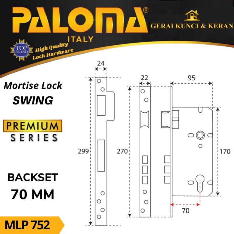 Body Kunci PALOMA MLP 752 PREMIUM SWING 70MM STAINLESS STEEL SUS 316 MORTISE LOCK