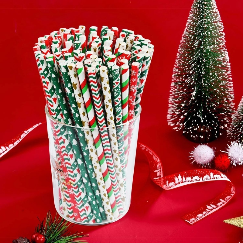 25pcs Sedotan Kertas Biodegradable Sekali Pakai Desain Pohon Natal Snowflake Untuk Dekorasi Meja