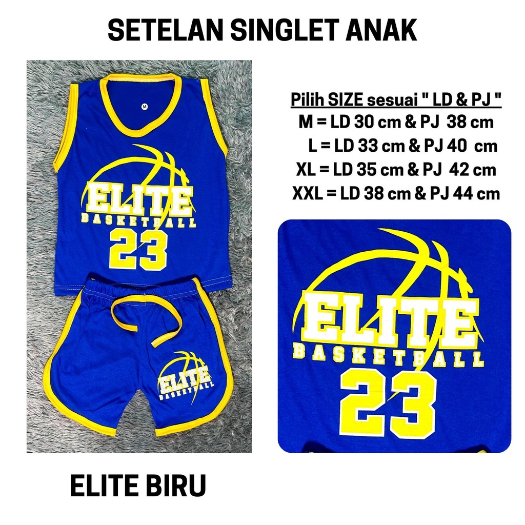 Setelan Anak Laki Laki Stelan Baju Kutung Lekbong Cowok Kaos Bola Basket Singlet Cowo Murah Celana Pendek Harian 3 4 5 6 Tahun Kode 14-14 ELITE BIRU