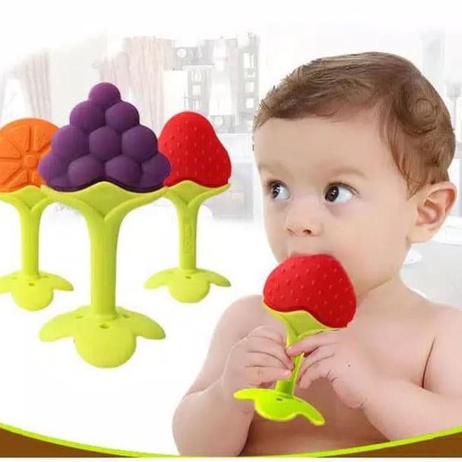 Baby teether buah Empen bayi gigitan tooth pacifier mainan rattle genggam fruit silikon silicon apel orange strawberry anggur peach