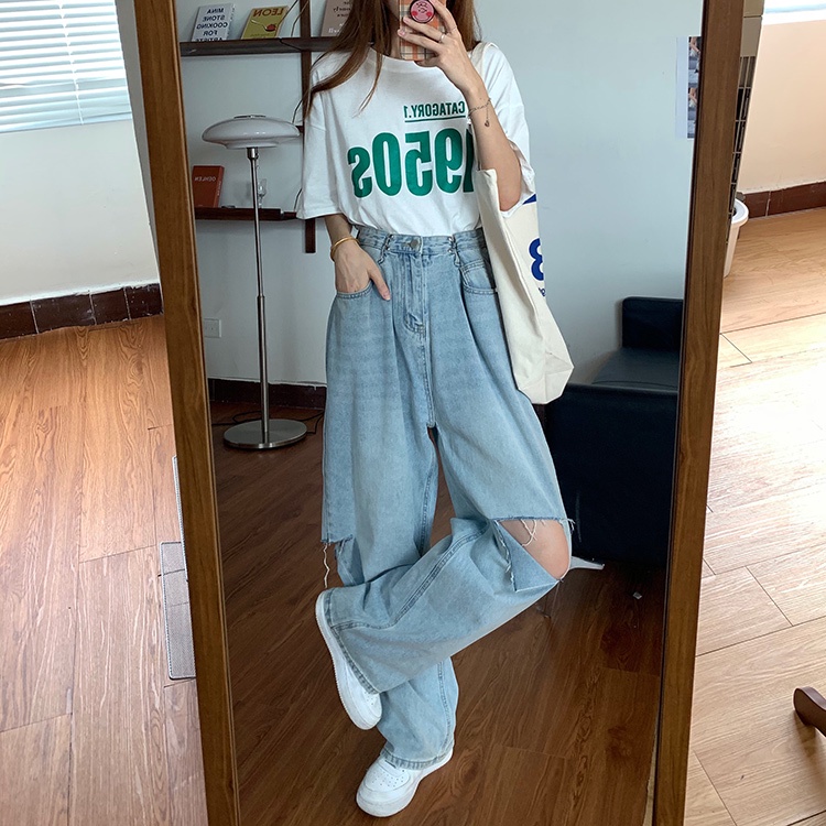 Celana Jeans Wanita Sobek Korean Style Celana Panjang boyfriend Kekinian Jumbo Highwaist Denim Pants