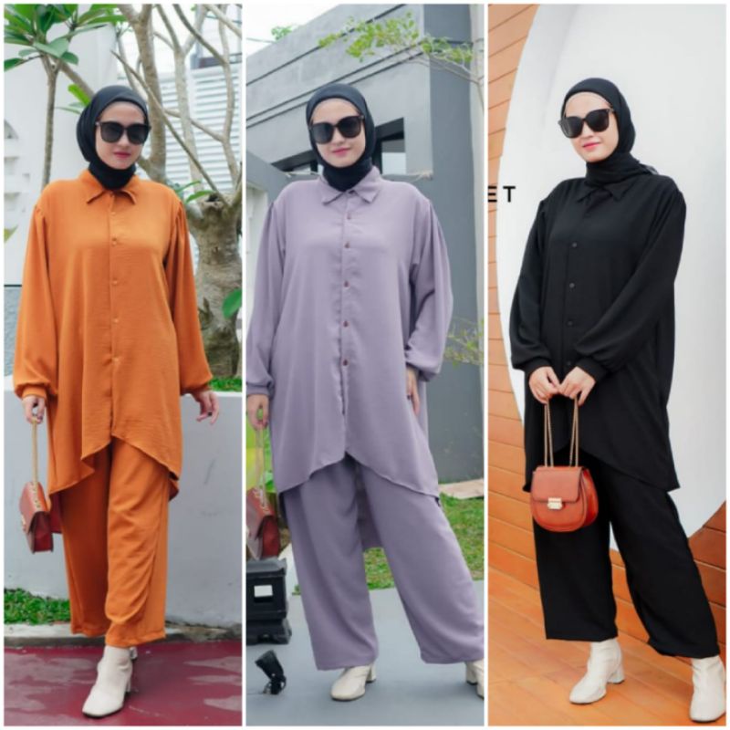 BISA COD ASYA SET ONESET SETELAN SETCEL SET BAJU MUSLIM SETELAN LONG TUNIK CRINCKLE AIRFLOW BUSUI JU