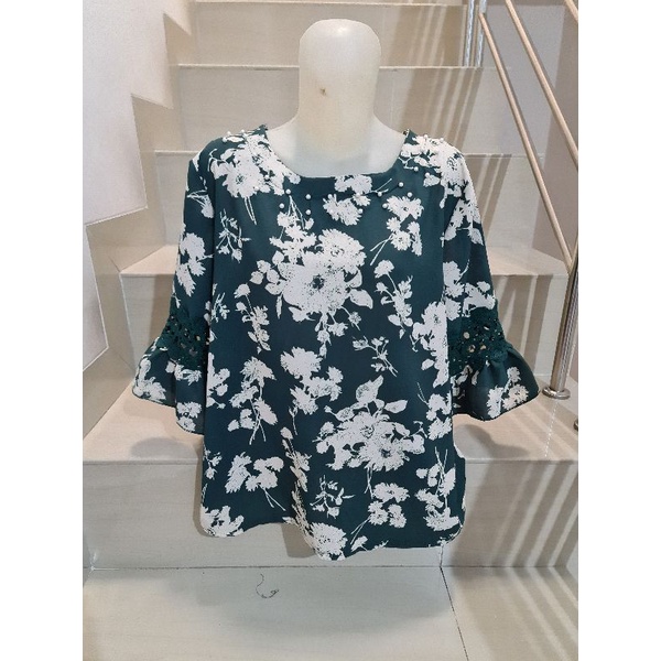 Blouse Brukat Bunga Renda Combi Brukat Impor XL-2XL-202 - Hijau Ld 108
