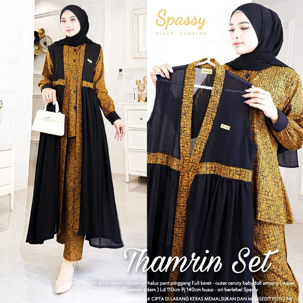 Gamis Terbaru Thamrin Set 2in1 Gamis + Outher Bahan Rami IMPORT mix Ceruty Premium