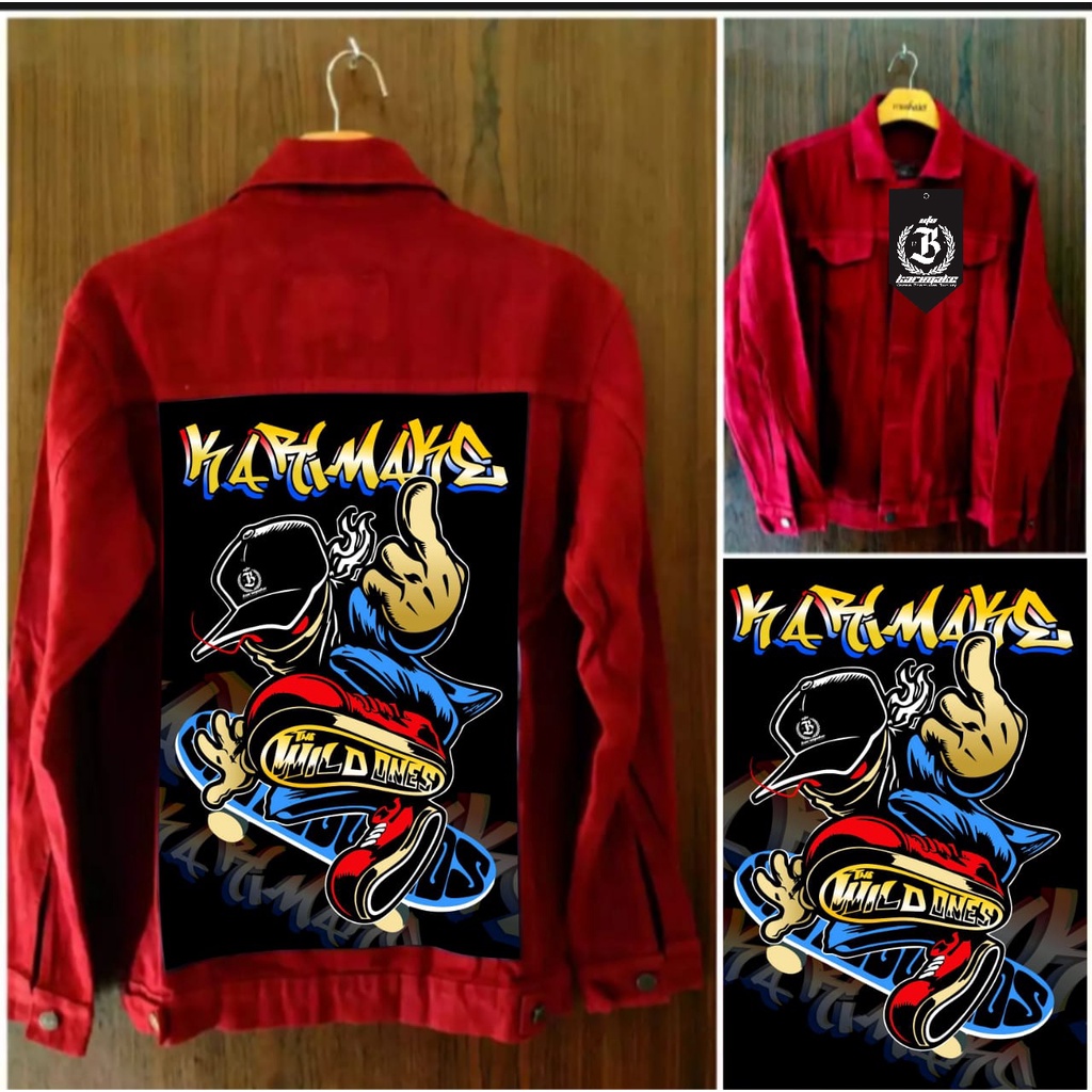 Eta Karimake jaket jeans merah maroon gambar belakang seketboard merah print 3 dimensi terbaru