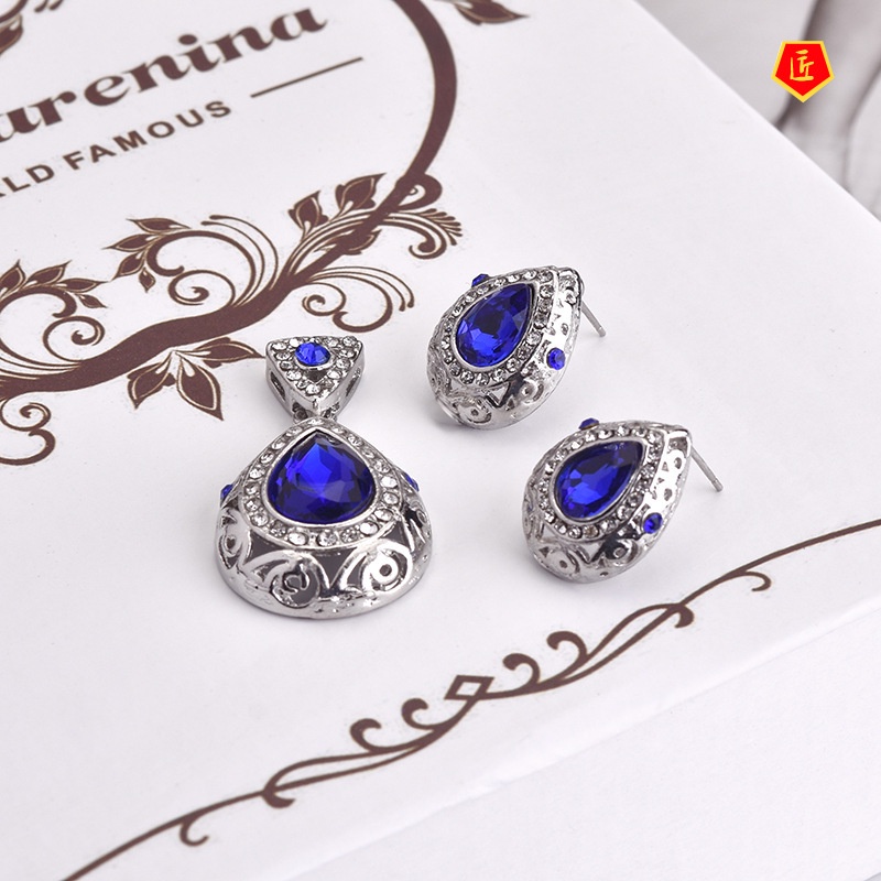 [Ready Stock]New Hollow Inlaid Sapphire Ear Stud Necklace Luxury Suit