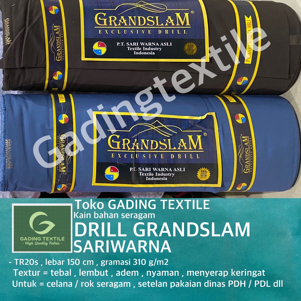 ( per setengah meter ) kain DRILL TWILL GRANDSLAM SARIWARNA lebar 150 cm TR20s bahan celana rok seragam satpam security abu sma dinas