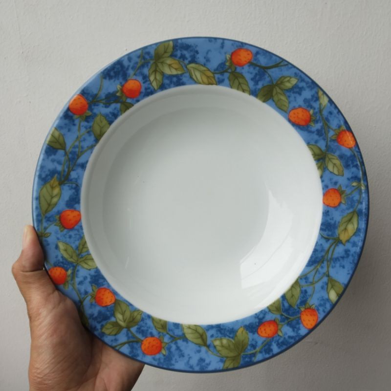 SOUP PLATE PIRING CEKUNG KERAMIK SANGO MOTIF BUAH FRUIT CLASSIC JADUL VINTAGE BIRU KOLEKSI DAPUR