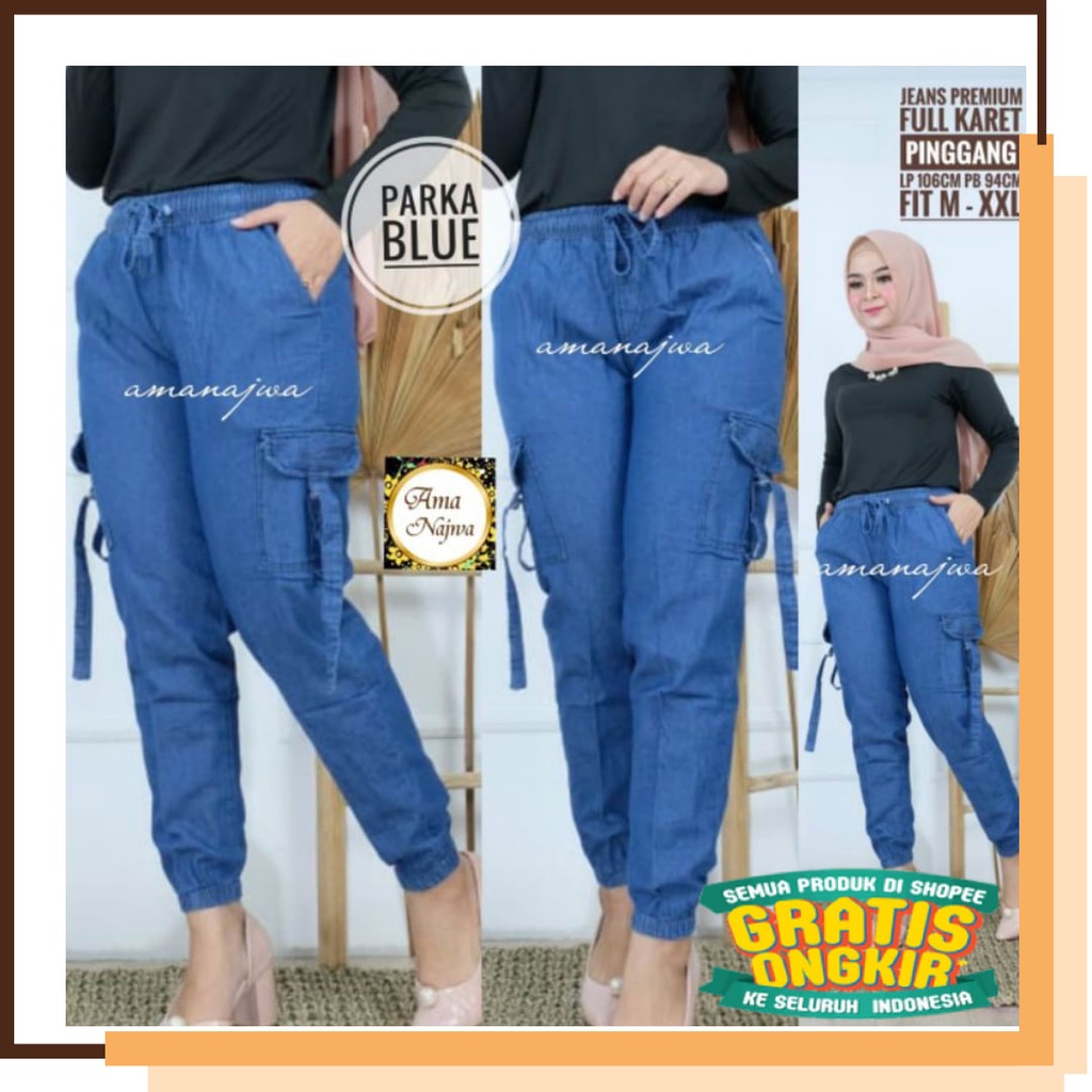 Longgar Lebar Nyaman Terbaru 2022 New Mind / Parka Blue Jogger Pants Celana Cargo Wanita Jeans Polos