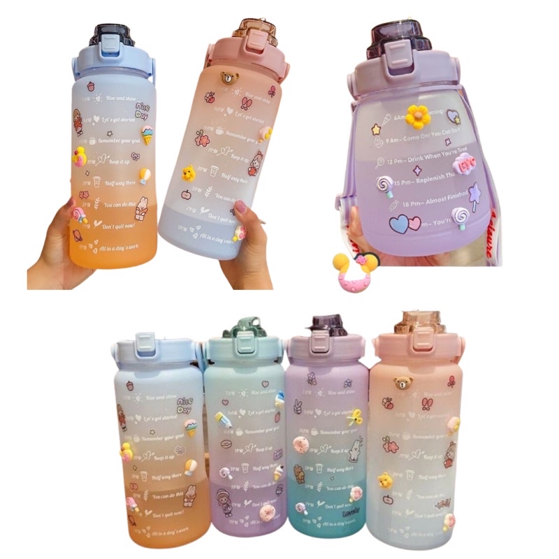 Botol Minum Viral Jumbo Transparan Full Colour Travel Sport Water Botol Minum Motivasi Penanda Waktu