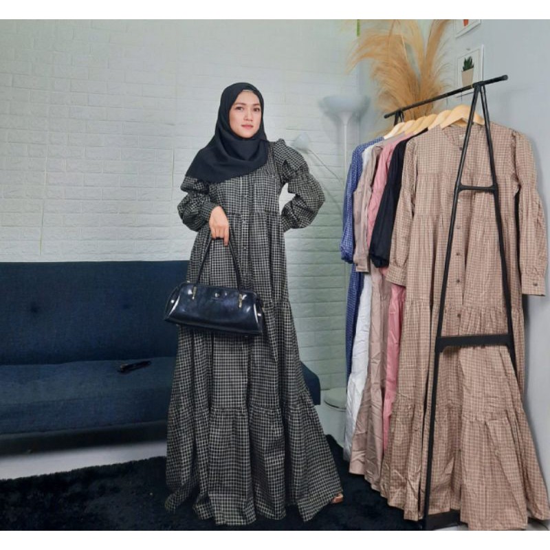 Gamis hitam motif Kotak /Gamis Hitam katun jepang /Gamis hitam kotak Syar'i/ Syar'i hitam Kotak