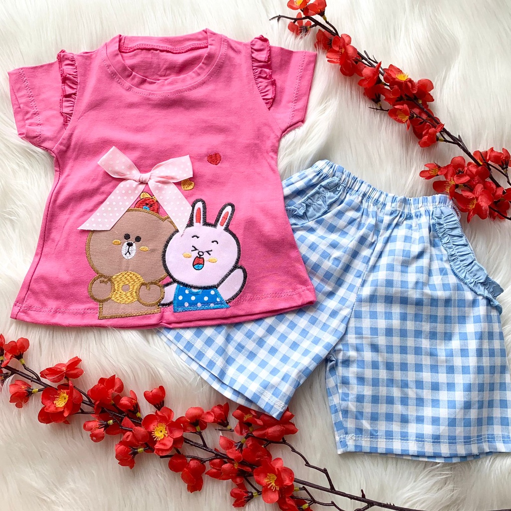 Setelan baju bayi cewek celana pendek import cantik kekinian fashion anak perempuan baby girl -bro