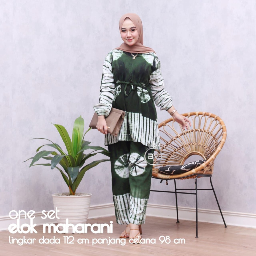 Elok Maharani Set - One Set Wanita Rayon Premium Setelan Wanita Batik Lengan Panjang Set Celana Kekinian LD 110 cm