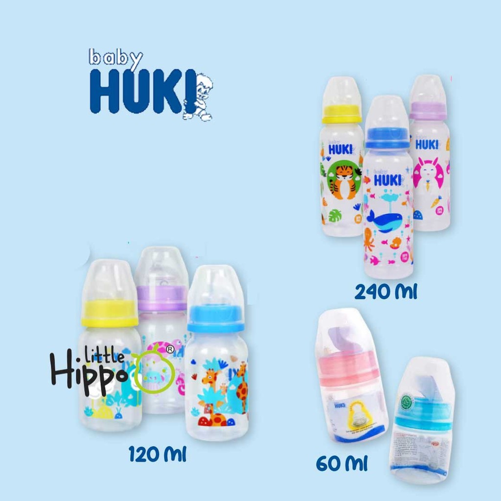 Huki Baby Botol Susu 60ml 120ml 240ml Dot Nipple Silicone Gepeng Botol Susu Bayi Huki Kuning Ungu Biru Food Grade Dot Gepeng Nipple Silicone PP Reguler Standard Botol SNI