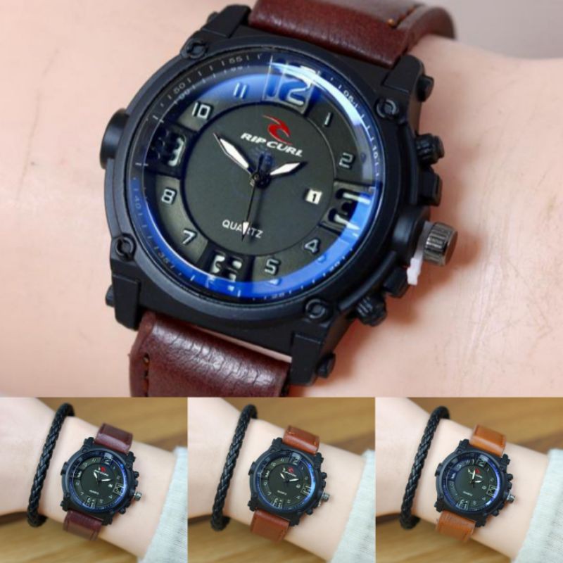 Jam Tangan Pria Rip Curl Tali Kulit Free Gelang Kulit