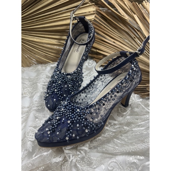 sepatu pengantin wanita Marsha navy tinggi 7cm lancip