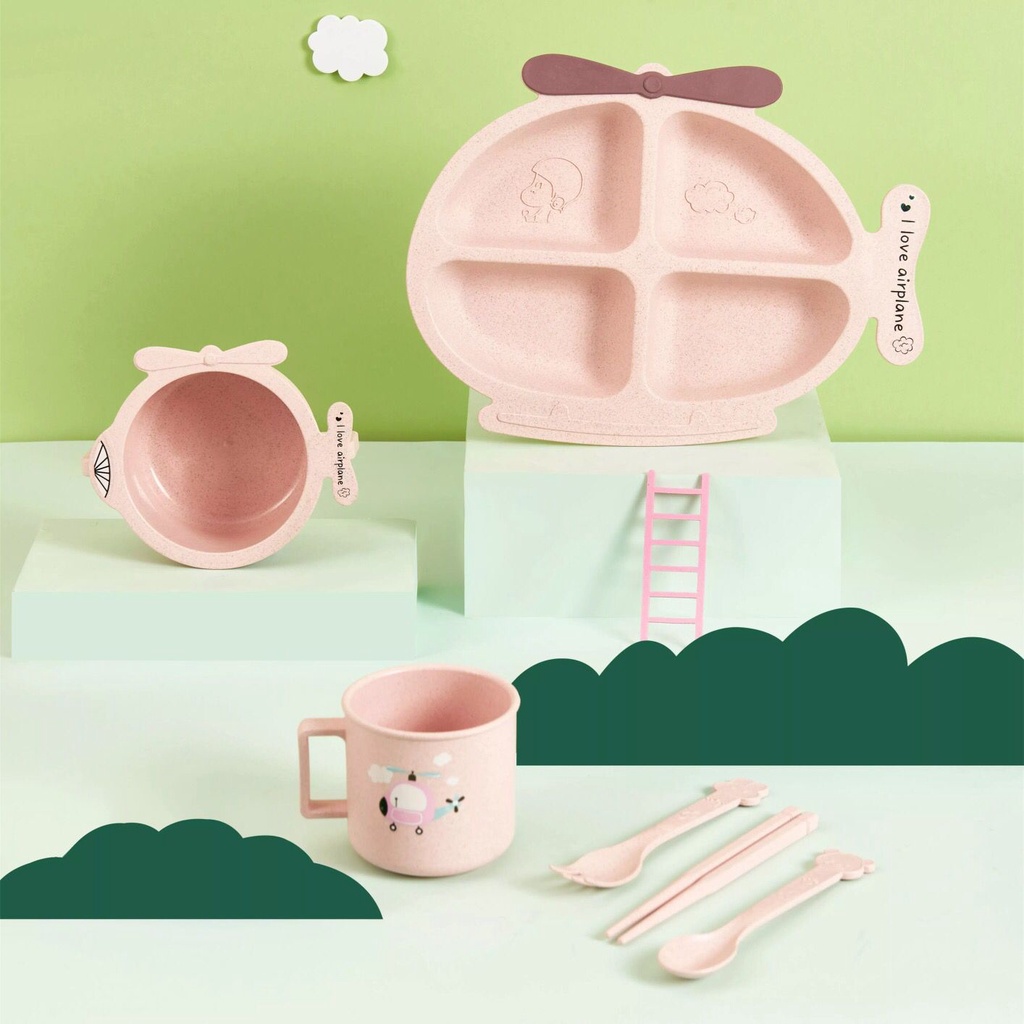 SET Tempat Makan Anak Murah Lucu Helikopter Pink Perlengkapan Makan Pesawat MPASI Tableware Anak Bahan Wheat Airplane