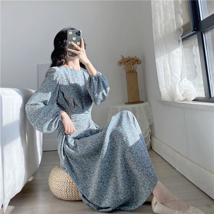 AIMEI Dress Model korea Round Neck Motif Bunga Gaya Retro Untuk Wanita