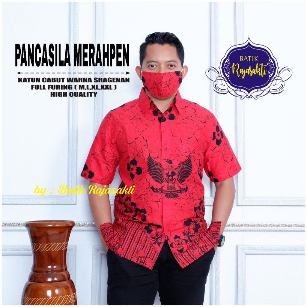 PANCASILA MERAH RAJASAKTI KEMEJA BATIK SOLO PRIA LENGAN PENDEK LAPIS FURING ATASAN BATIK PREMIUM MODERN KATUN HALUS BAHUWIRYA  BANAMITRA BANAMITRA PUTIH BANGSAWAN BAYU PUTRA BERLIAN BIRU BHARATAYUDA BIMASENA BIRENDRA BIRU INDAH BRAHMAKERTA BRAHMAKERTA