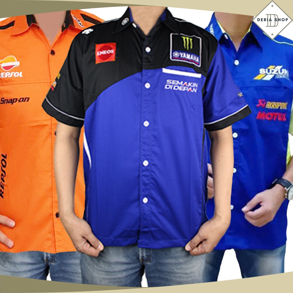 Baju Balap Motor Racing Pria Bordir MotoGP Rossi Kemeja Seragam Mekanik Bengkel Touring Uniform Moti