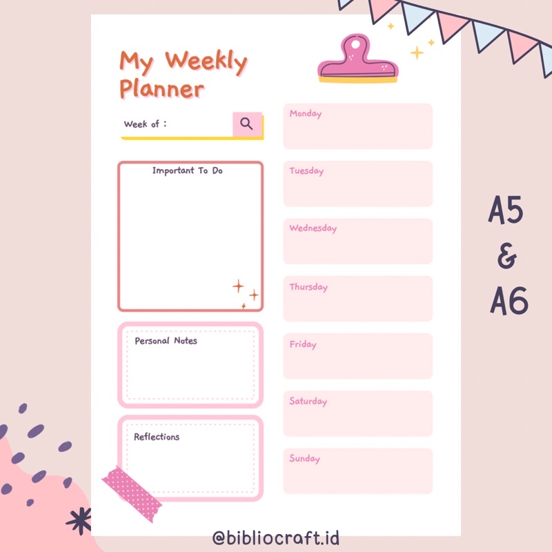 

Bibliocraft Loose Leaf A5 & A6 - Pinky Weekly Planner .
