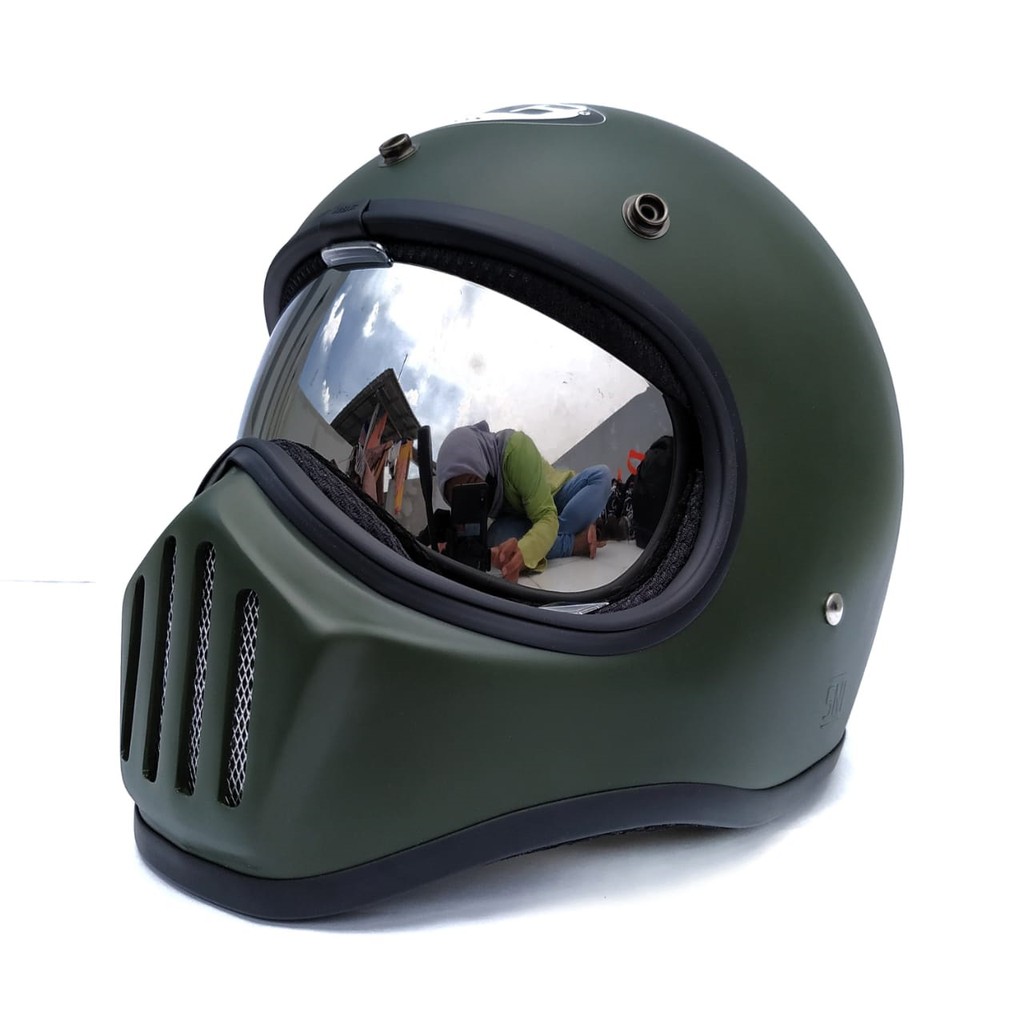 Helm Cakil HBC Green Army Doff + Inner Visor ( Fullface / Retro / Klasik / Vespa )