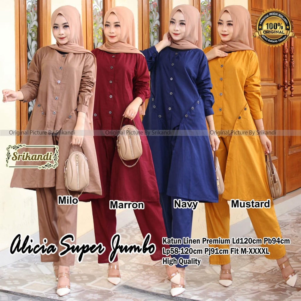 ALICIA SUPER JUMBO BY SRIKANDI SETELAN WANITA JUMBO CASUAL POLOS SETELAN TUNIK PANTS CASUAL KATUN LI