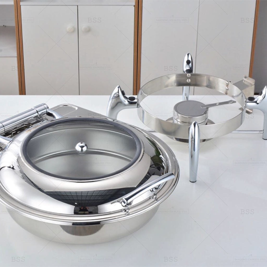 Chafing Dish Hidrolik Hydraulic 6L Prasmanan Stainless Kaca Tebal Kotak Bulat Wadah Tempat Makanan Saji Mewah Elegan