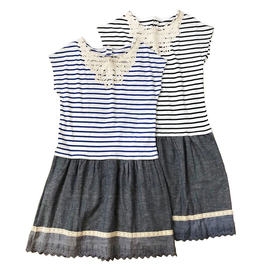 Dress Kaos Garis Salur Hitam Biru Putih Kombi Linen Lace Korea Import