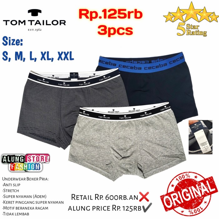 celana dalam pria boxer tom tailor cecebana original 3pcs underwear mx - M