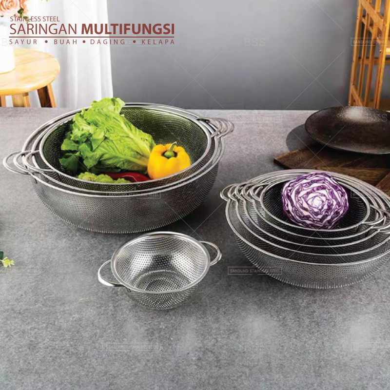 Saringan Multifungsi 28.5cm 31.5cm Cuci Sayur Daging Buah Kelapa Stainless Tebal Murah