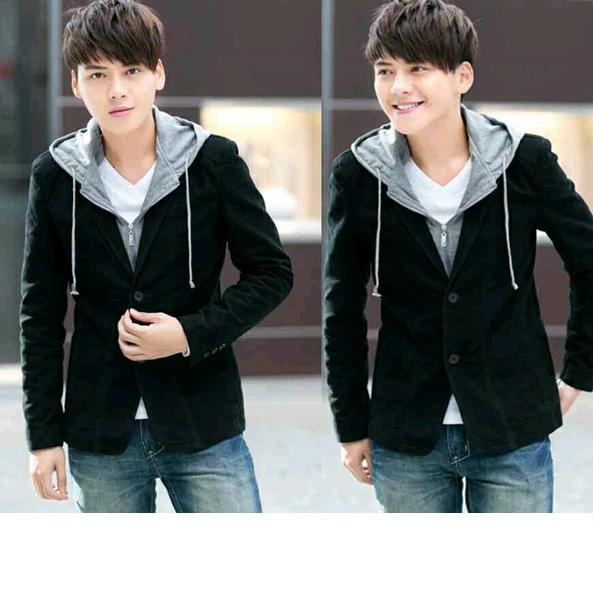 ✼ Jaket Blazer Pria Hoodie Zip Casual Black ❄