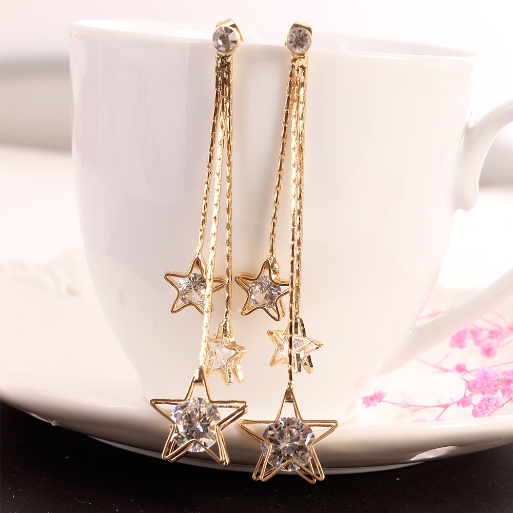 Fashion zircon mengkilap pentagram rumbai anting-anting anting-anting Korea gaya chic dan unik seder