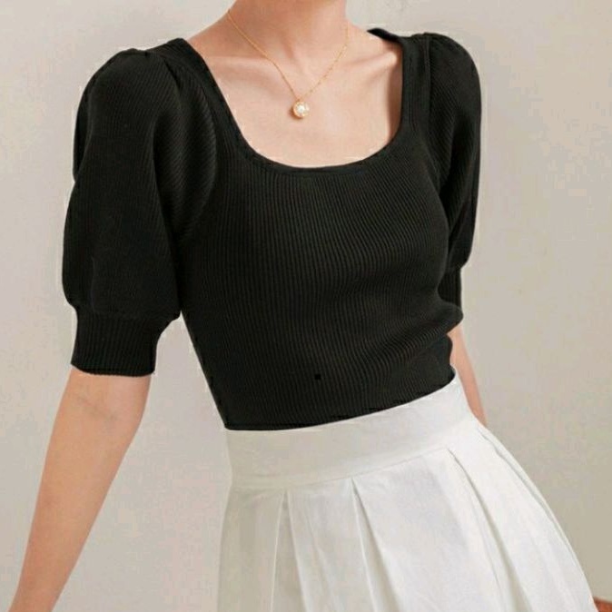 5967 Baju atasan blouse rajut knit top lengan pendek Korea Korean style tosca hitam mocca polos cewe