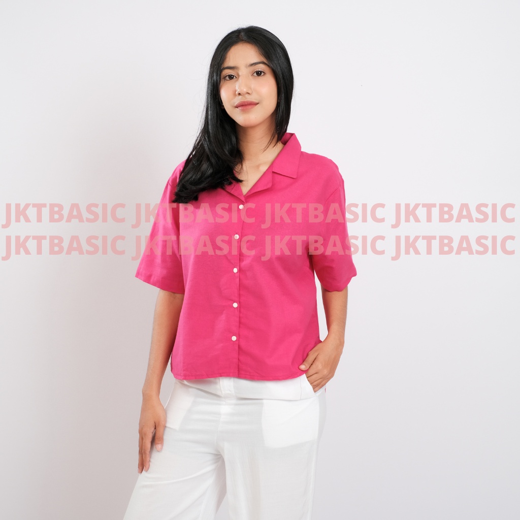 Kemeja Wanita Pink Fanta Linen Oversize Shirt Open Collar Short Sleeve Lengan Pendek