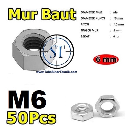 MUR M6 - MUR BAUT JP M 6 6MM HEX NUT MUR KUNCI 10 GALVANIS 6MM ISI 50 PCS