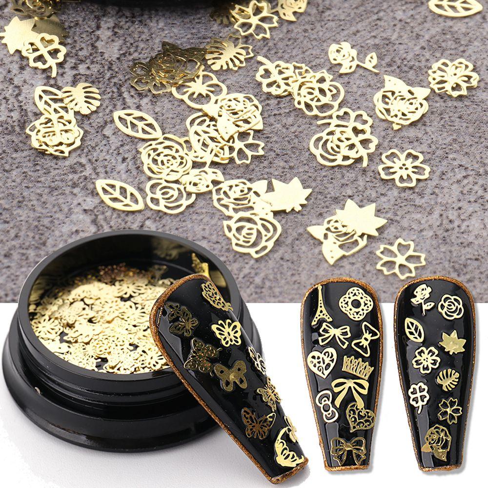 AUGUSTINA Agustina Rivet Aksesoris Kuku Menara Emas Bunga Daun 3D Nail Art Manicure Ornaments DIY Dekorasi Kuku