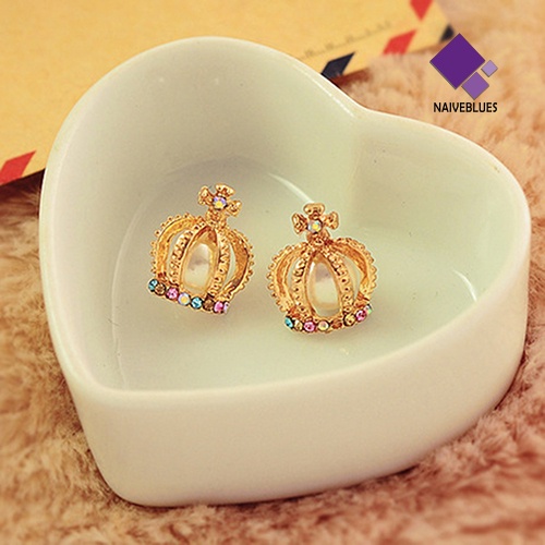 Anting Stud Desain Mahkota Princess Warna-Warni Aksen Mutiara Berlian Imitasi
