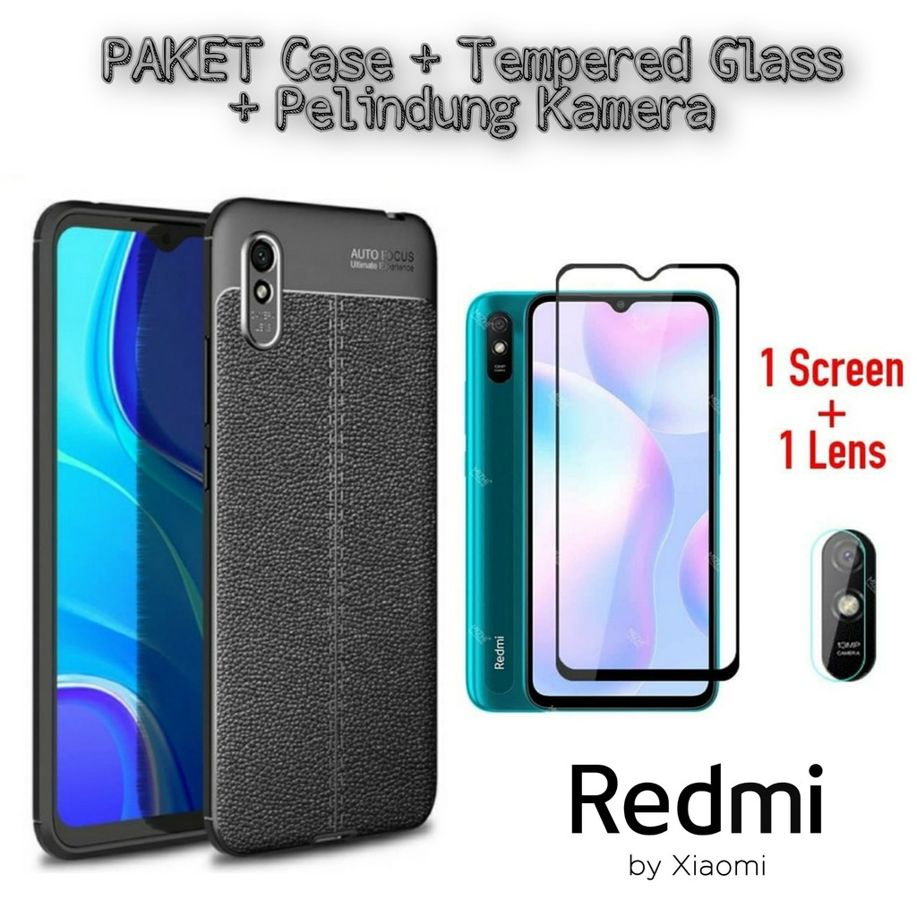 Case Redmi 9A Carbon Soft case Handphone Paket Tempered Layar &amp; Kamera Belakang Handphone