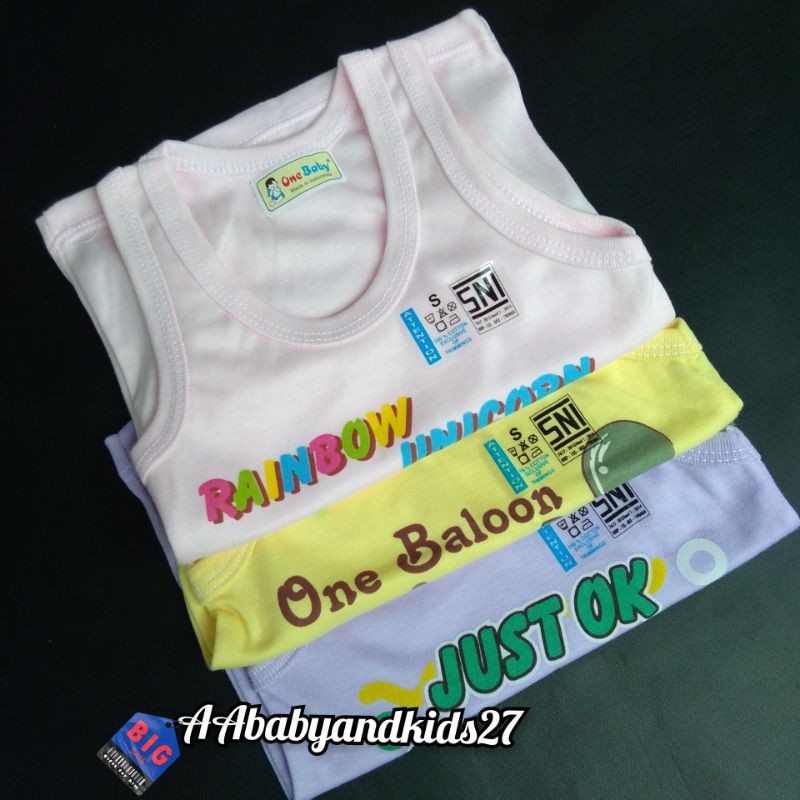 3PC KAOS BAYI TANPA LENGAN ONE BABY BERGAMBAR UKURAN S-XL LEMBUT DAN SNI