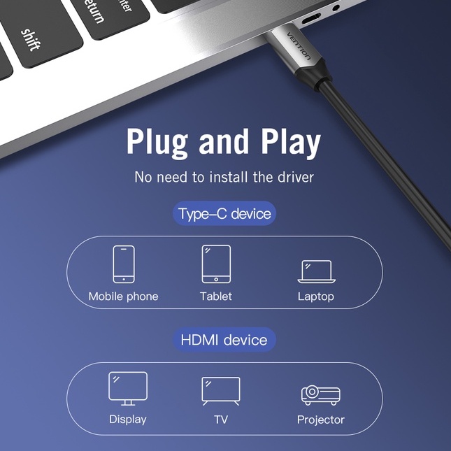 Vention Kabel Adapter Converter HDTV Thunderbolt 3 USB Type C to HDMI 1M / 1.5M