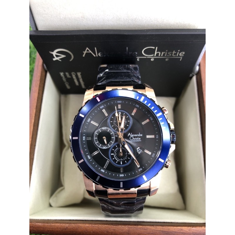 alexandre christie 6141mc black rosegold ring biru pria
