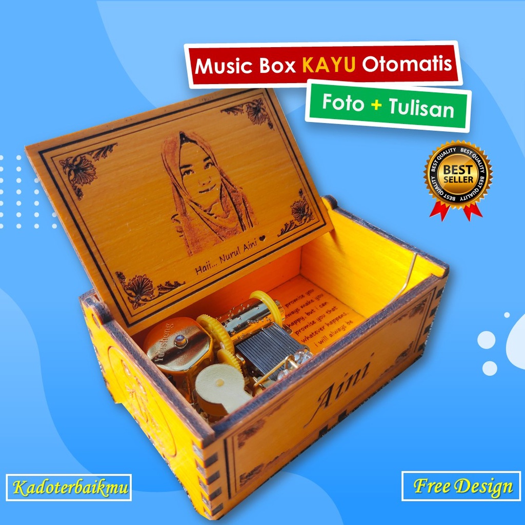 Kotak Musik Ultah Kayu Besar Otomatis | Ukir Foto dan Tulisan