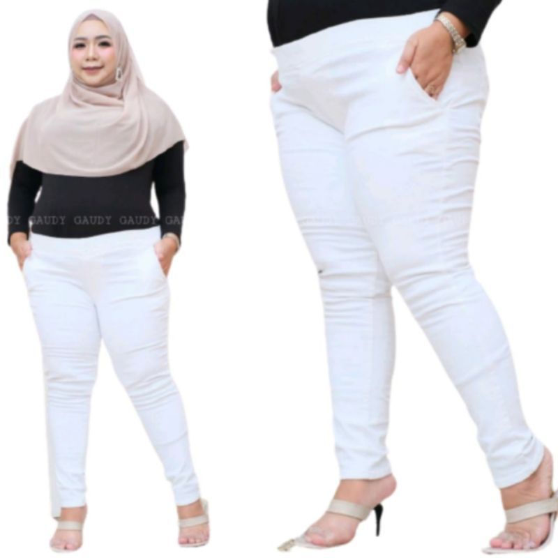 AFAREEN - Celana Jeans Putih Wanita Jumbo Legging Jeans Putih Pinggang Karet Kolor Basic 31-42