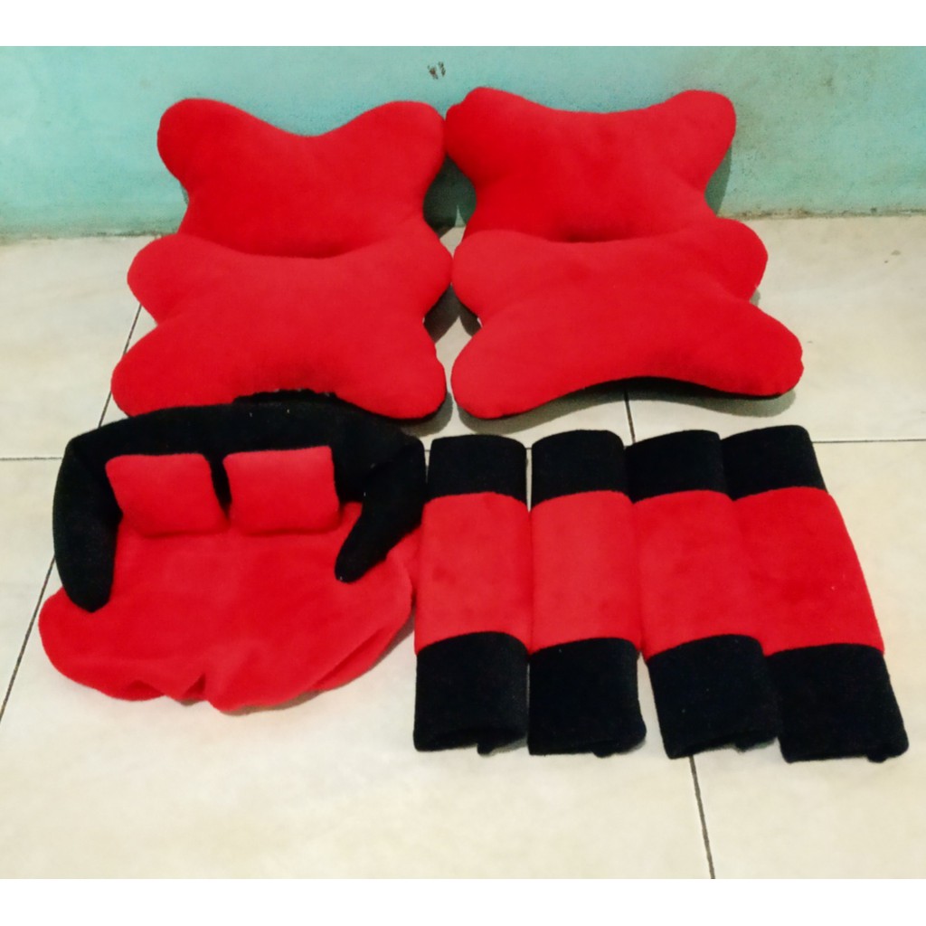 Bantal Mobil MERAH POLOS Bantal Isi 4 Sandaran Leher Kepala Merah Polos