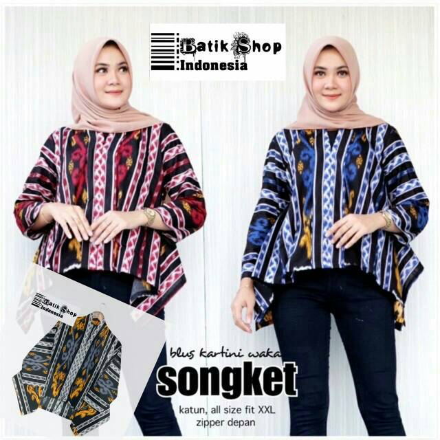 Blus Kartini Waka Songket Tenun Warna Batik Aserehe Modern Blouse Kerja Kantoran Atasan Casual Kartini Sayap Baju Kondangan Modern Seragaman Tenun Troso Print