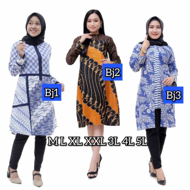 TUNIK BATIK KOMBINASI 3 BAHAN BJ READY M L XL XXL XXXL XXXXL 3L 4L 3XL 4XL EXCLUSIVE MODERN