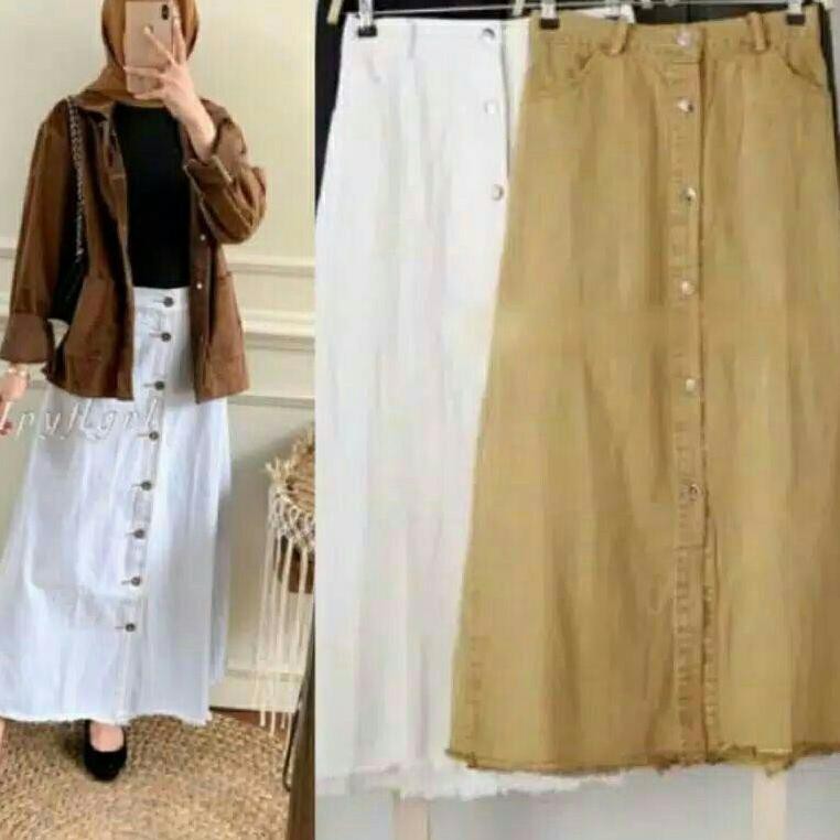 Rok button span panjang jeans denim knitted putih hitam Rok jins wanita cewek kancing Lepis Levis (A