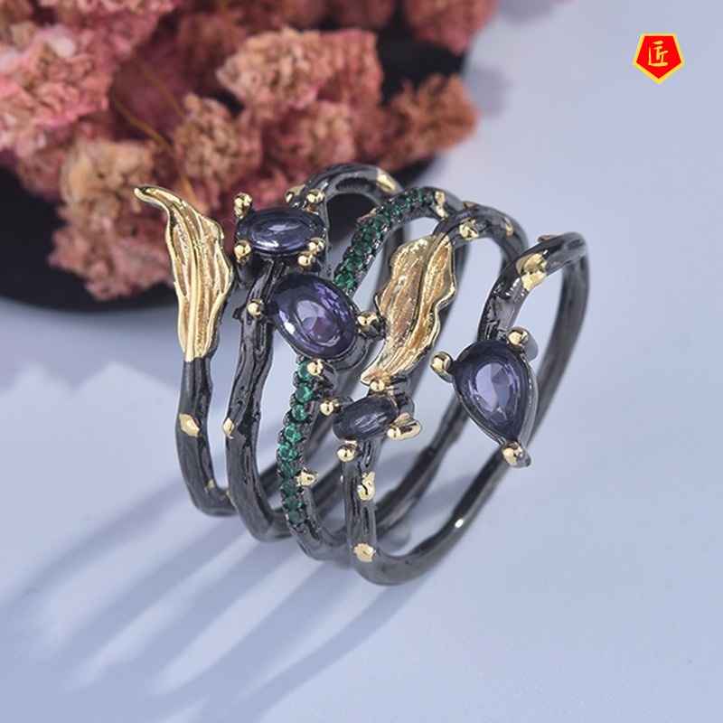 [Ready Stock]Creative Leaf Feather Colored Gems Black Gold Ring