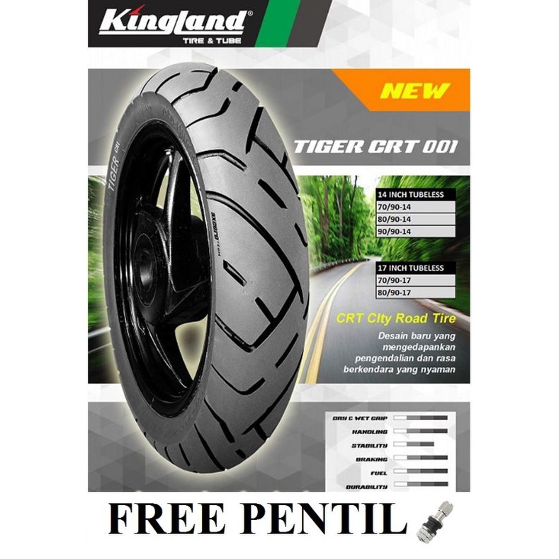 Ban Motor Tubeless Kingland 80/90-14 Tiger CRT Free Pentil Ban Motor Matic 80 90 Ring 14 Ban Luar Motor